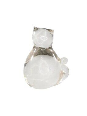 Handblown Clear Art Glass Cat Figurine Signed 2.5" Tall Paperweight Decorative